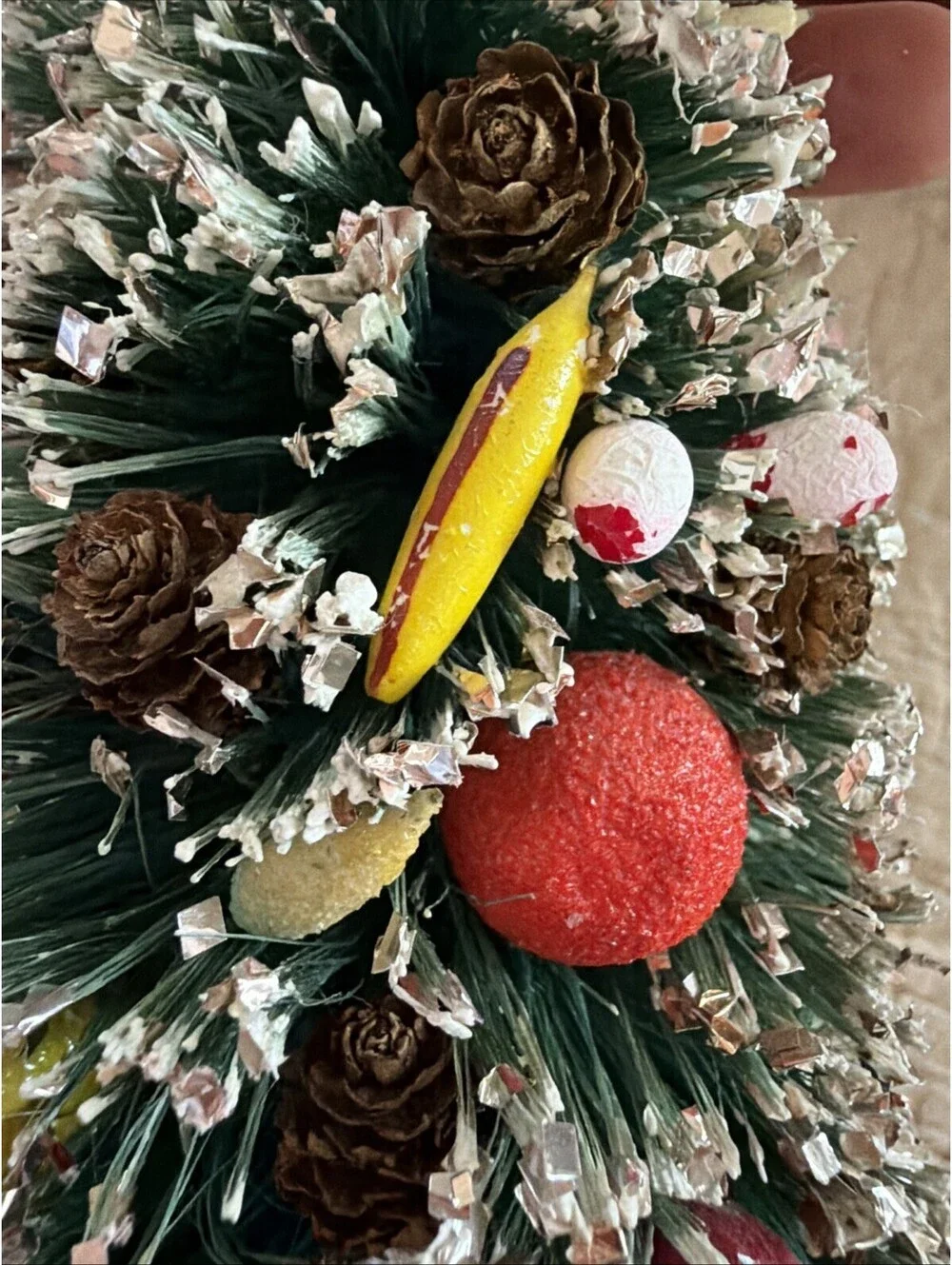 VTG Christmas Bottle Brush Tree Made Japan 1950s Glitter Pinecones Fruit 10”